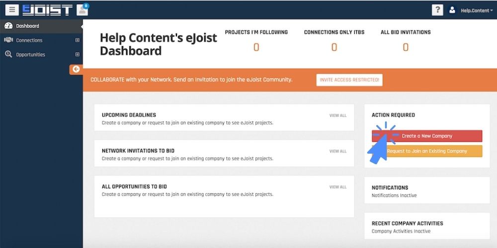 Create A Company Button image pointing to Create A Company button on a new user's dashboard
