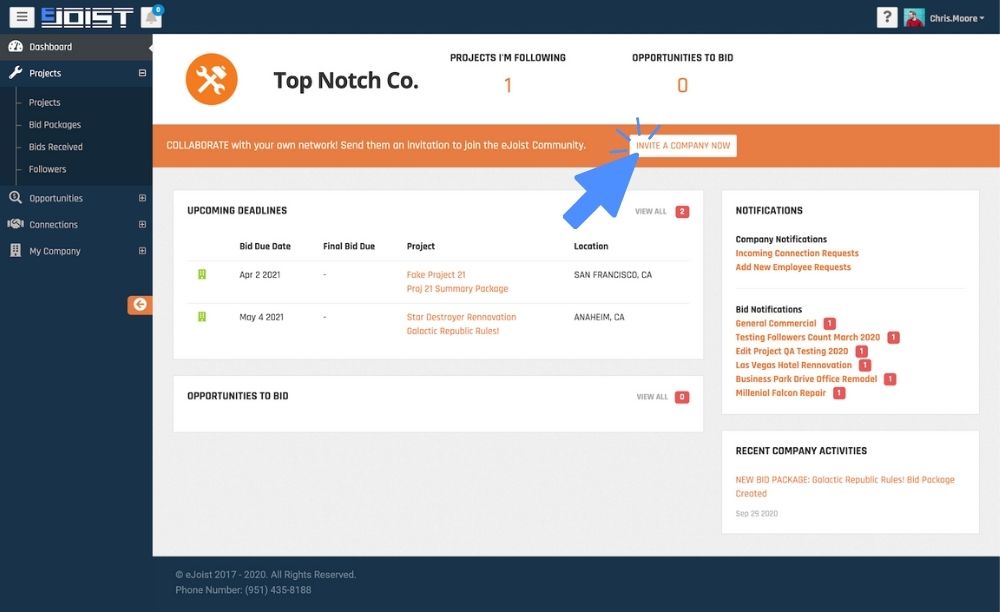 Invite Companies 01 arrow point to Invite A Company Button on Company Dashboard