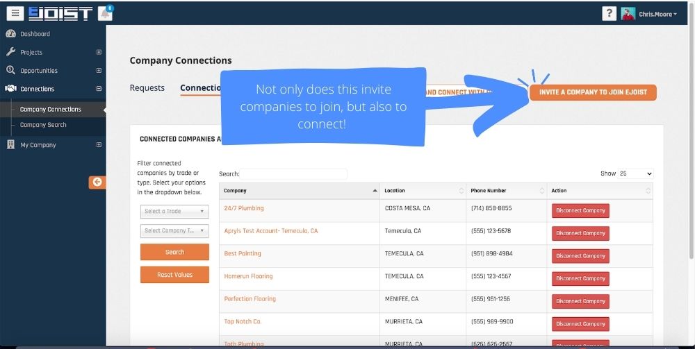 arrow pointing to Invite Companies To Connect button on Company Connections page