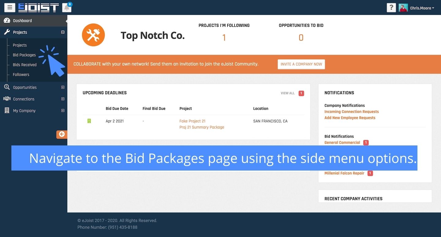 arrow pointing to "Bid Packages" menu option on left side of screen in the Projects section