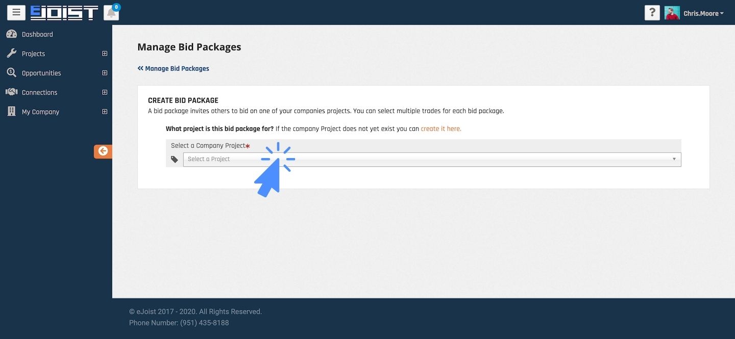 pointer clicking on the Projects dropdown selector on the Create A Bid Package page