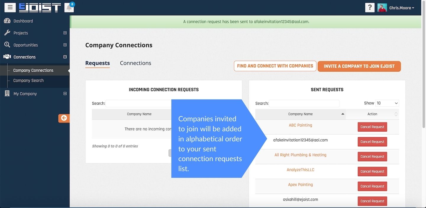 arrow pointing to sent requests list on Company Connections page