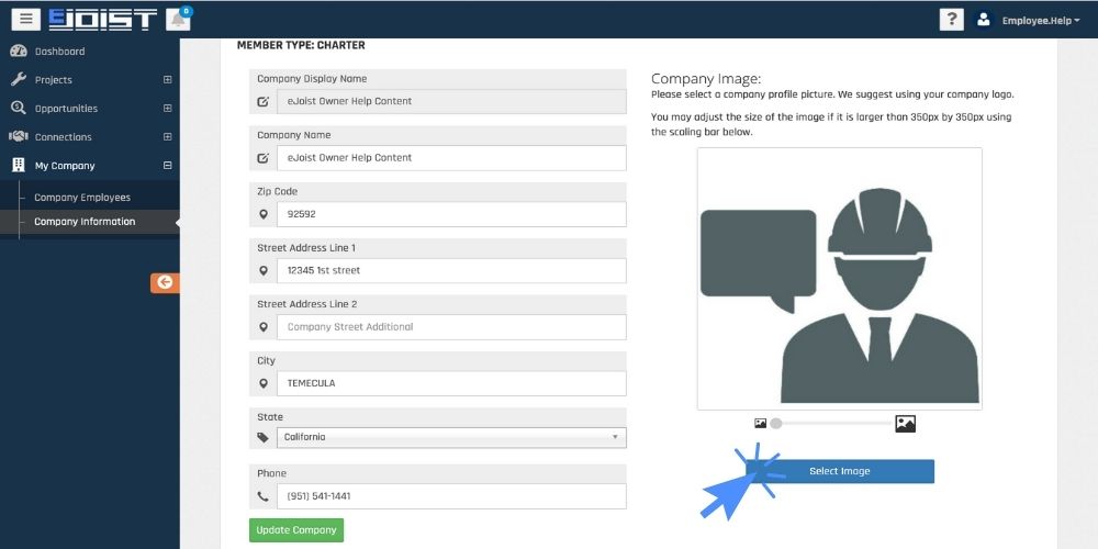 Upload Logo on Company Employees page: an image pointing to the Select Image button