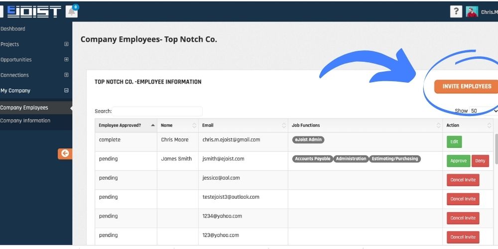 arrow pointing to invite employees button on the Company Employees page