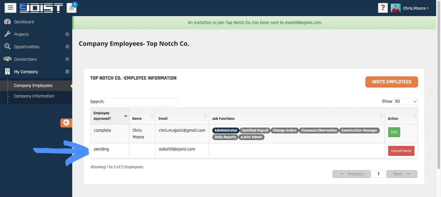 add employee 05 (1) arrow pointing to a pending employee in the employees table.