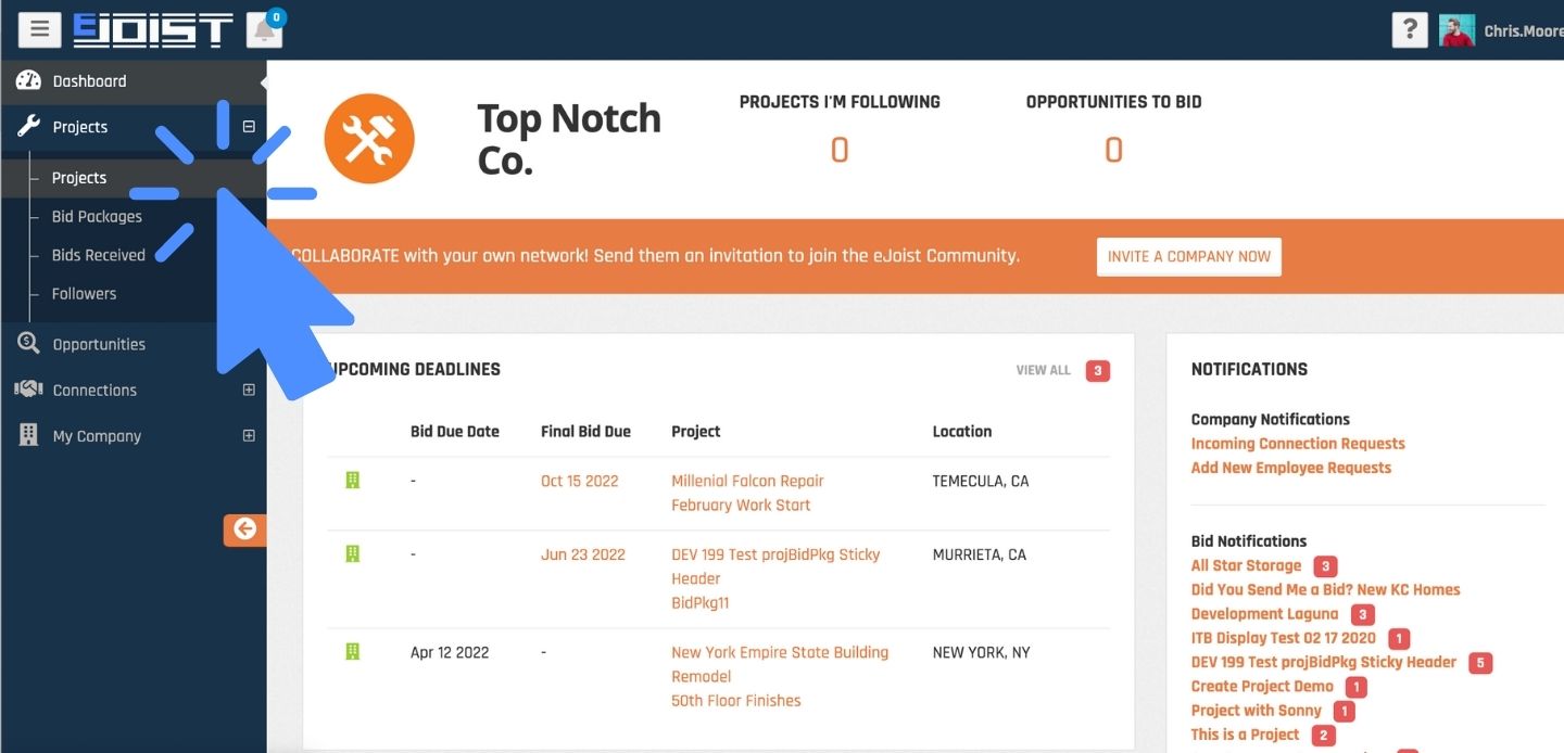 create project 01 v2 arrows pointing first to the projects menu and then the create project button