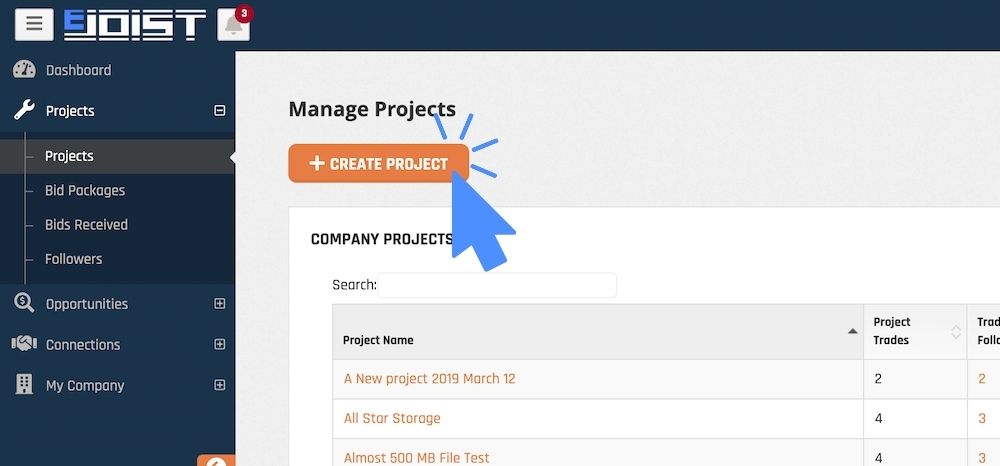 create project 01 Arrow pointing to left side of screen. the first option under the Projects menu option.