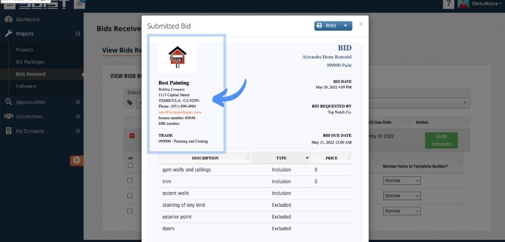 bid estimate is open and bidder information is highlighted on the bid