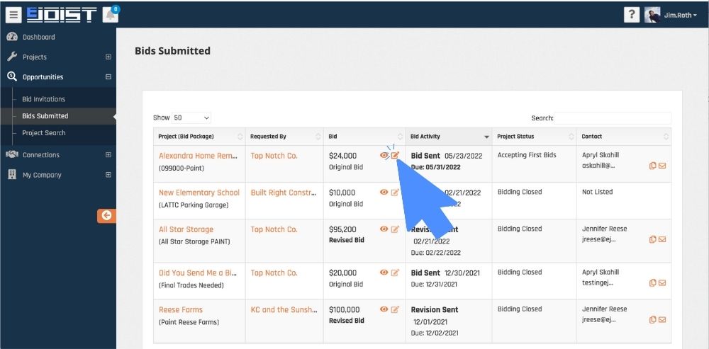 bid submitted table with arrow pointing to the edit button