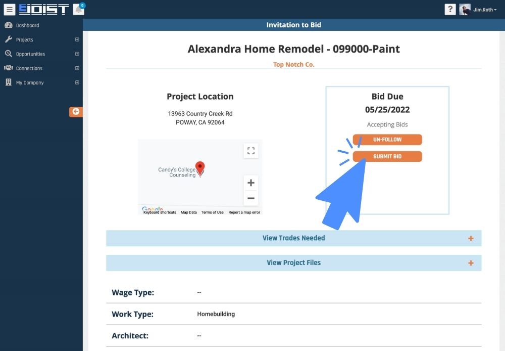 pointer clicking the orange submit bid button on the invitation to bid page