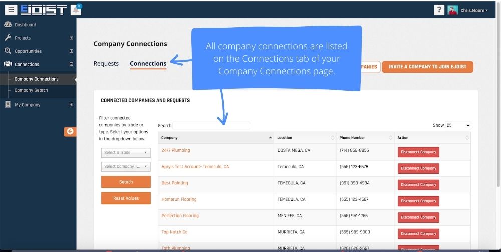 construction contractors connections list image pointing to connections tab, "All company connections are listed on the Connections tab of your Company Connections page."