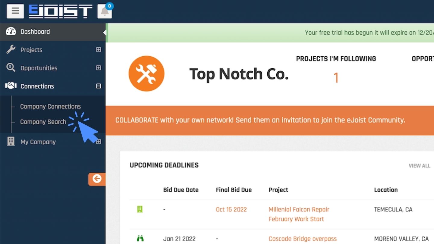 company search menu option arrow pointing to Company Search option in the menu