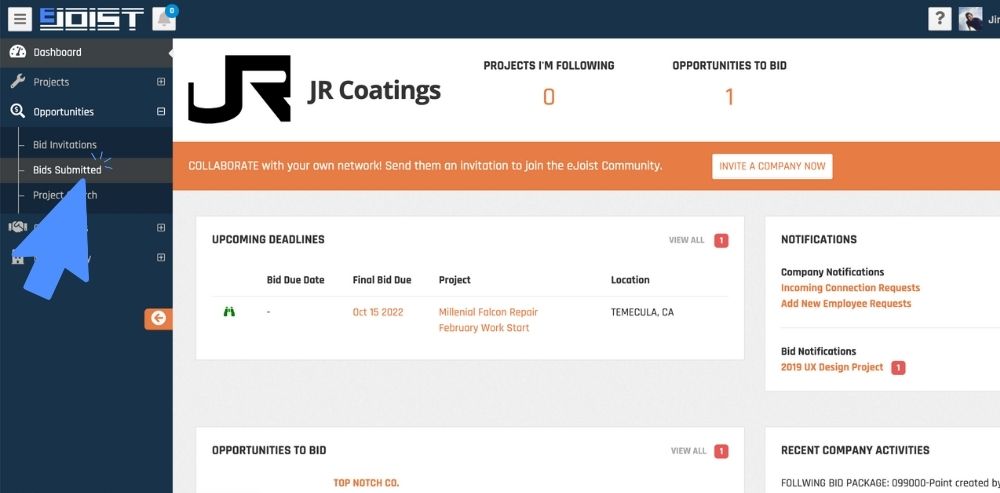 nav to bids subd oppotunities menu option expanded and arrow pointing to the bids submitted option