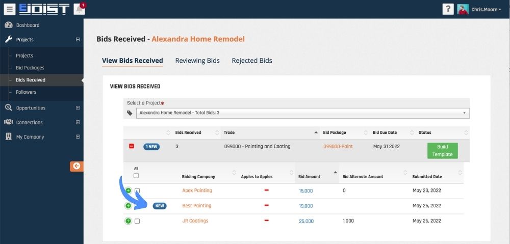 arrow pointing to "new" icon on the bids received table