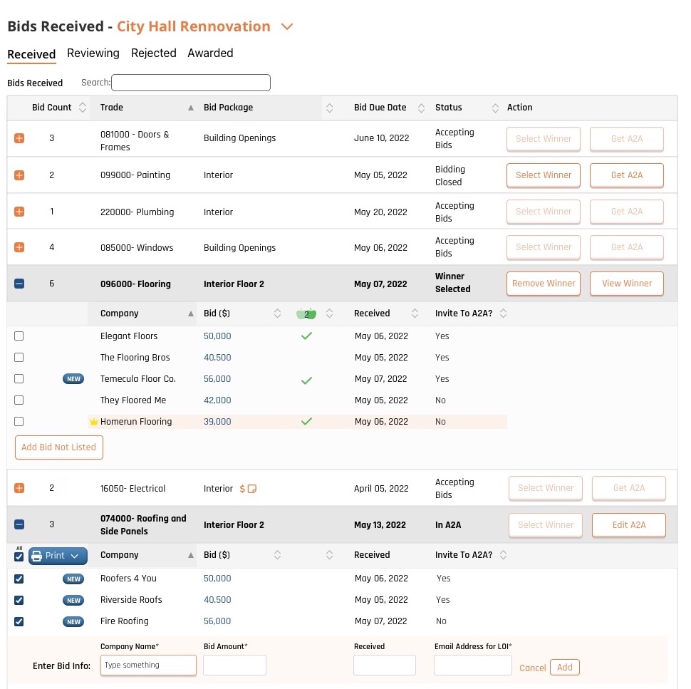 bids received page general contractor view of the bids received page displaying a contractors bid amounts