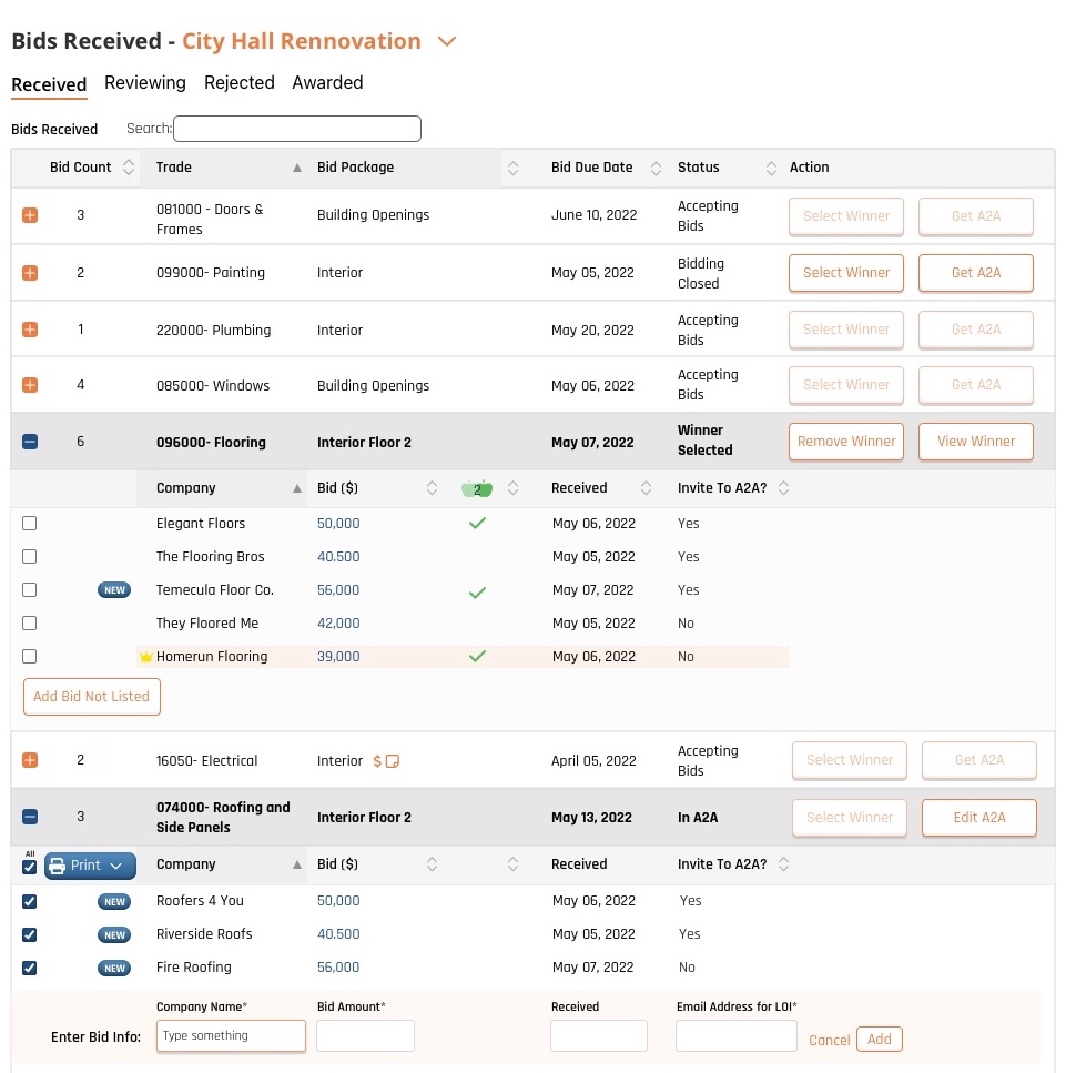 general contractor view of the bids received page displaying a contractors bid amounts